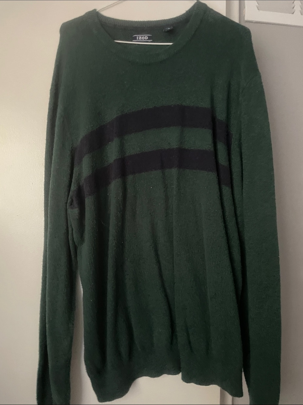 Izod Men’s Dark Green Crewneck Sweater with Navy Blue Stripes